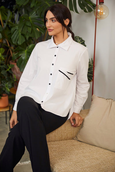 White Shirt with Black Trim Pocket & Drawstring Collar