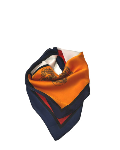 Navy, Orange & Red Silk Feel Neck Scarf with Flower Accents