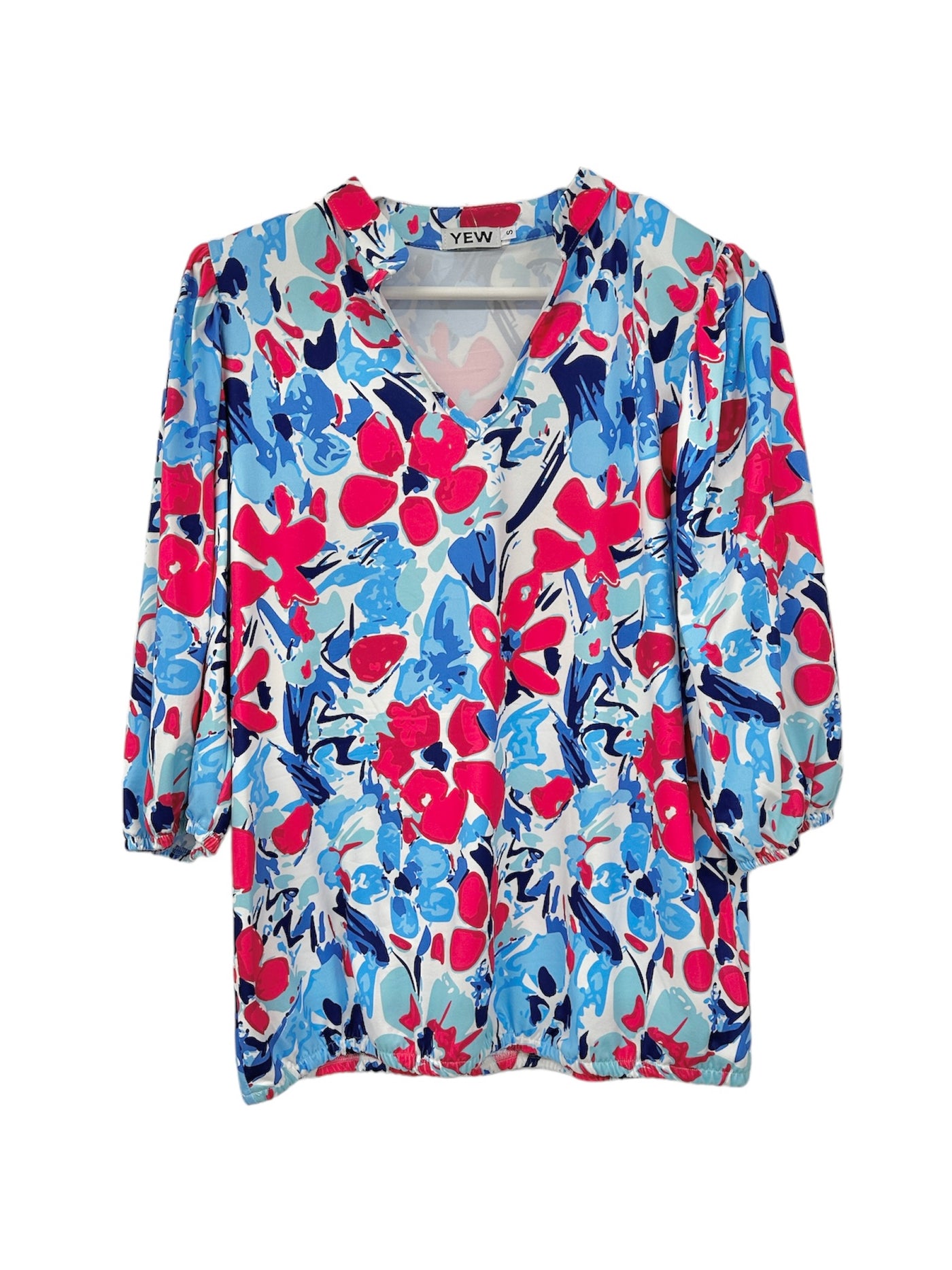 Red White & Blue Floral Print Top with Elasticated Waist