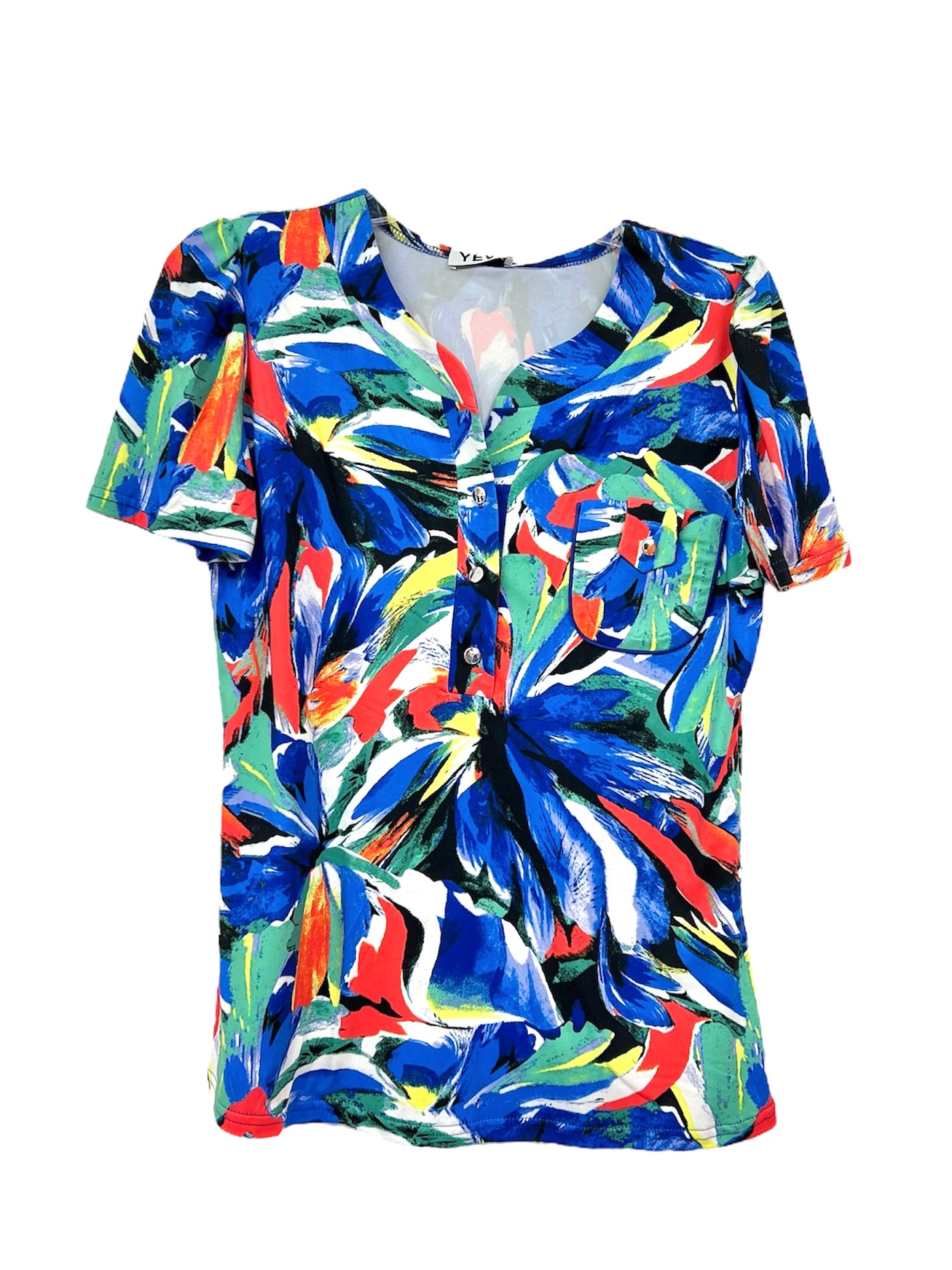 Multicoloured Short Sleeve Top With Button Detailing & Pockets