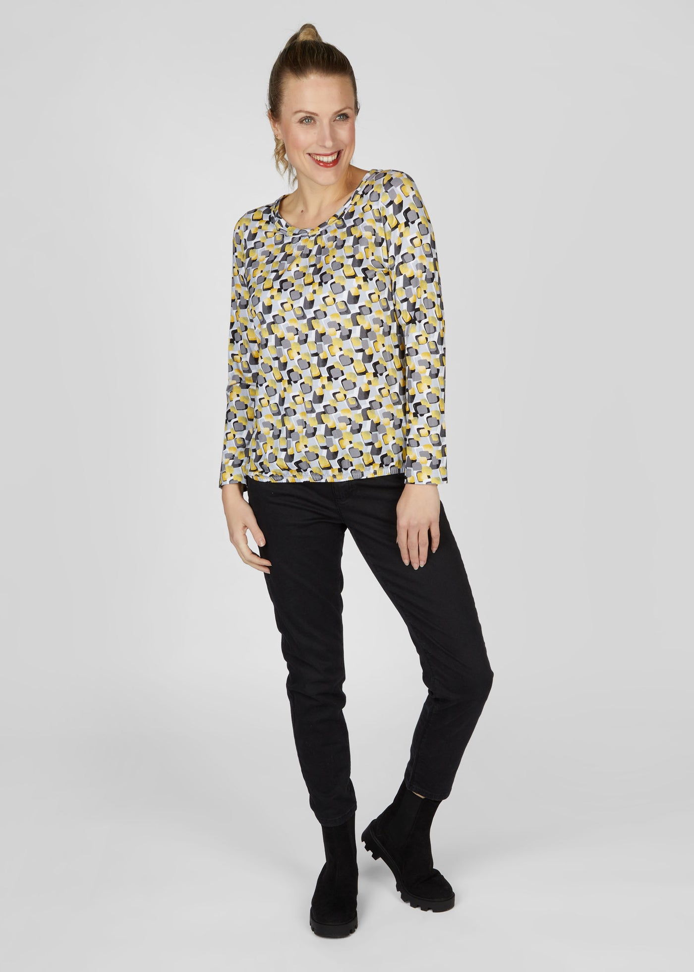 Mustard, Black & Grey Long Sleeve Top with Pleated Round Neck