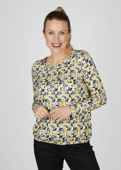 Mustard, Black & Grey Long Sleeve Top with Pleated Round Neck