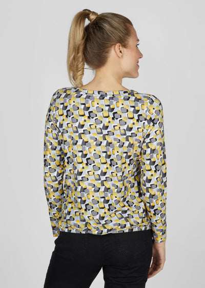 Mustard, Black & Grey Long Sleeve Top with Pleated Round Neck