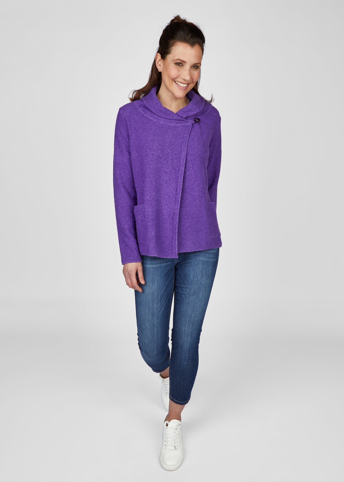 Purple Cowl Neck Cardigan with Front Pockets and Button Closure