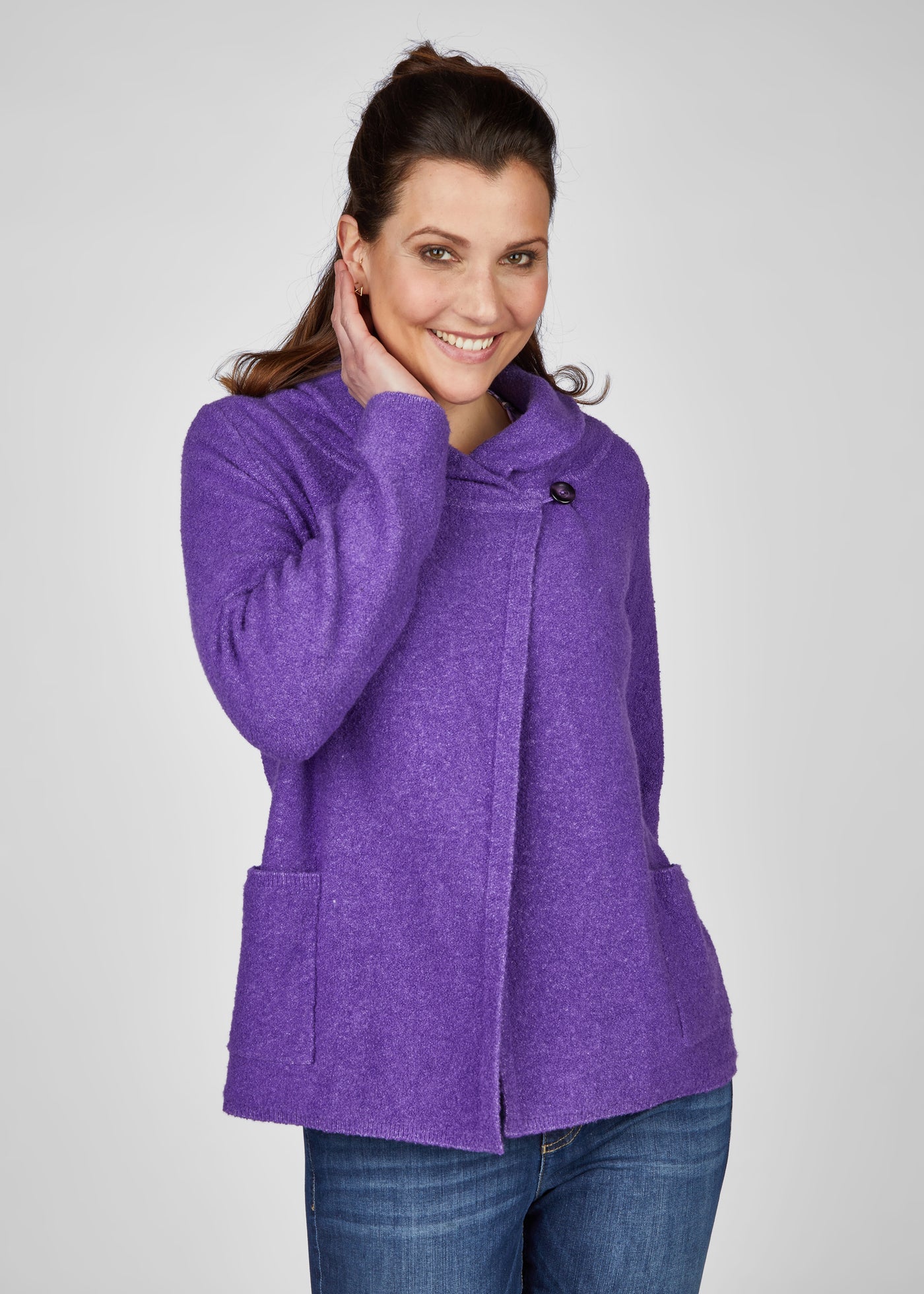 Purple Cowl Neck Cardigan with Front Pockets and Button Closure