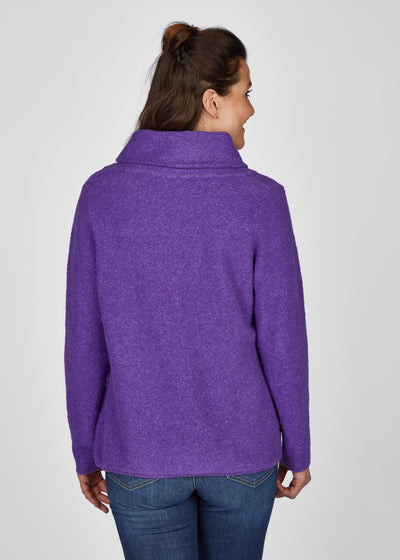 Purple Cowl Neck Cardigan with Front Pockets and Button Closure