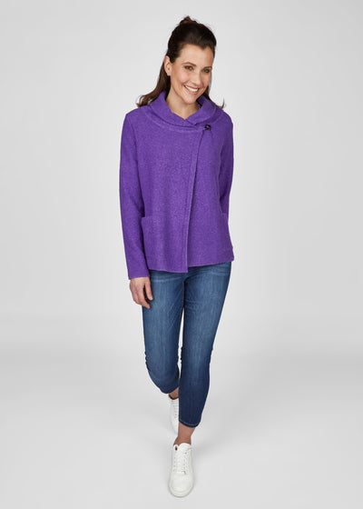 Purple Cowl Neck Cardigan with Front Pockets and Button Closure