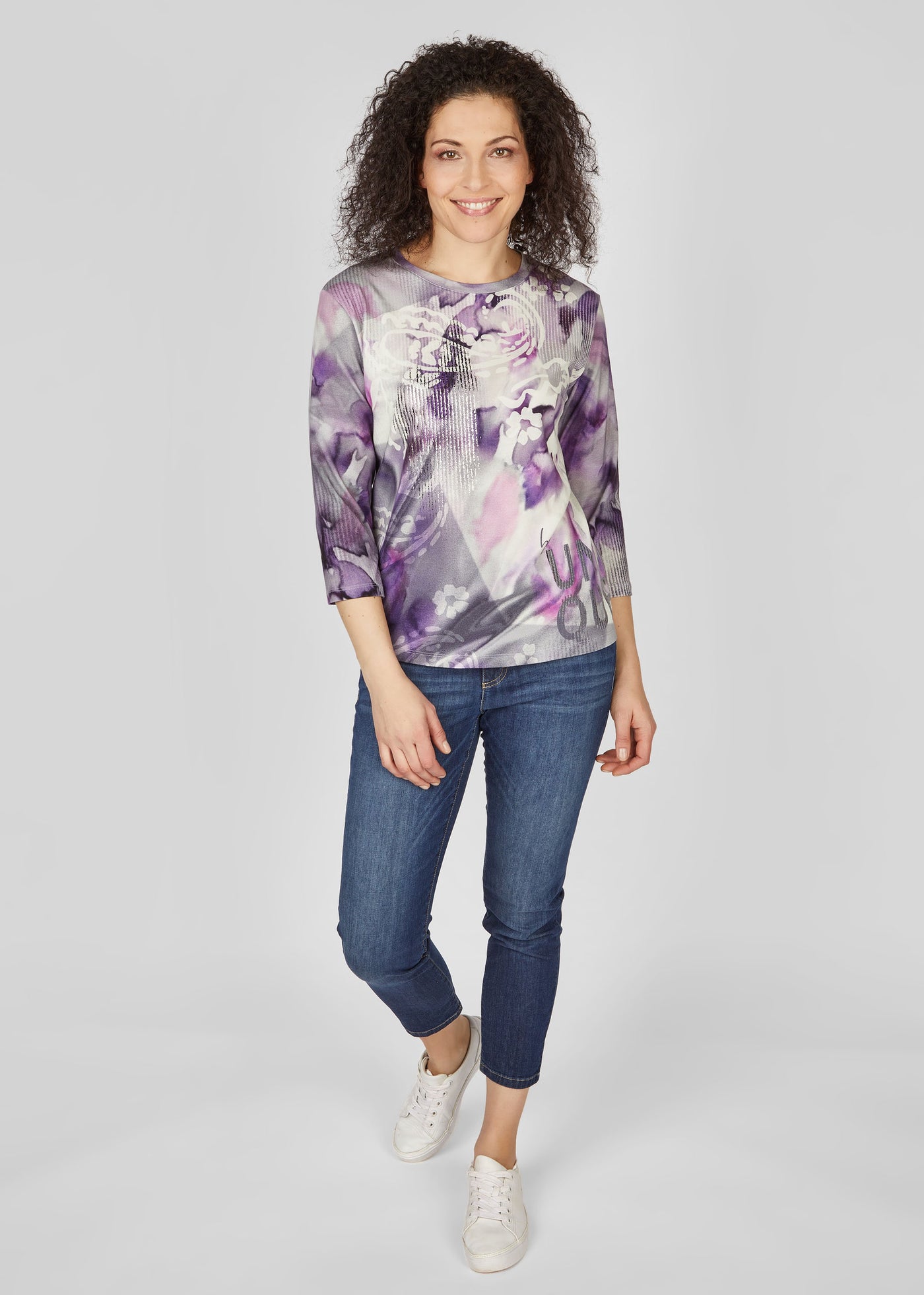 Purple & White Graphic Print Top with Metallic Detailing and 3/4 Sleeve