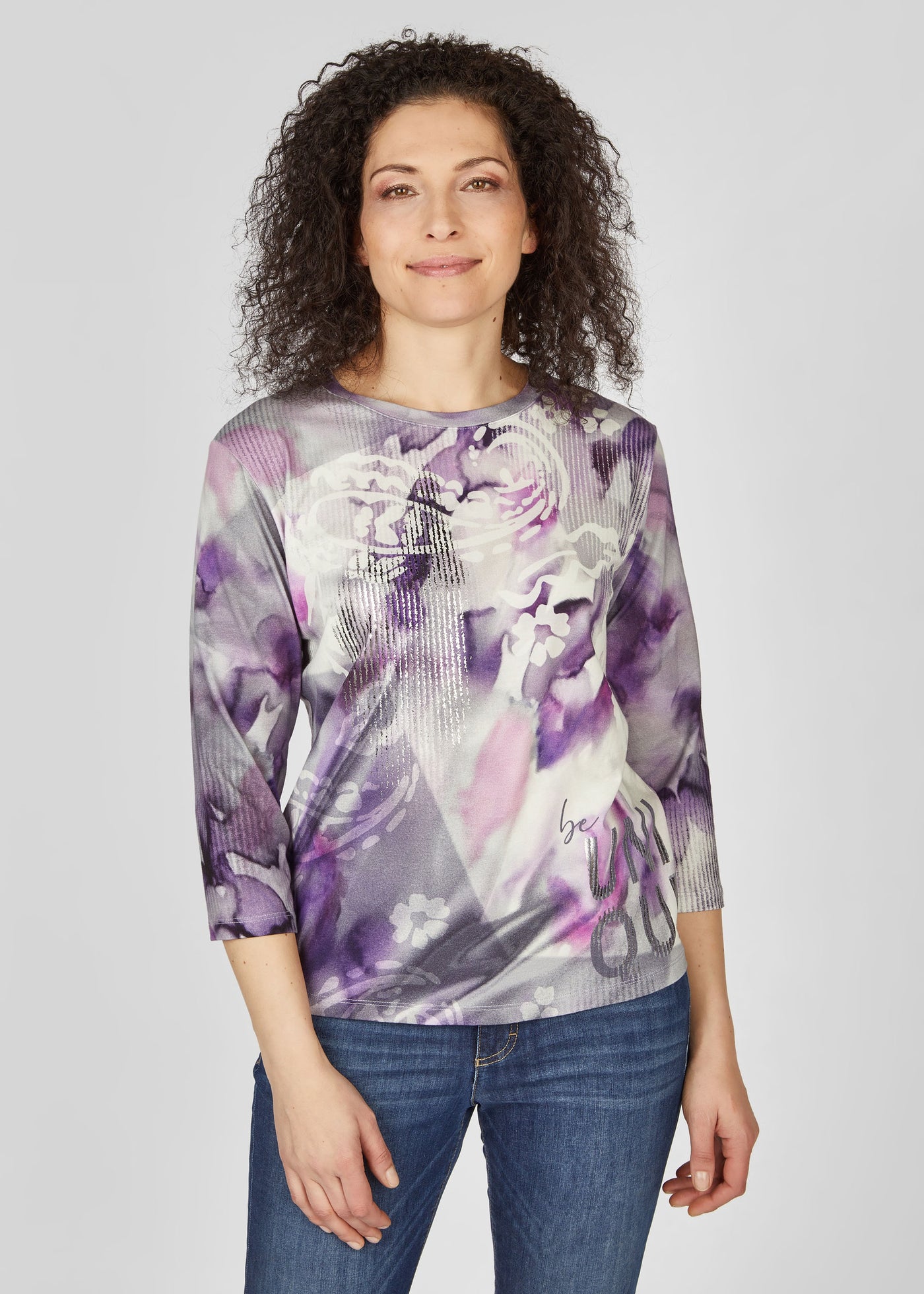 Purple & White Graphic Print Top with Metallic Detailing and 3/4 Sleeve