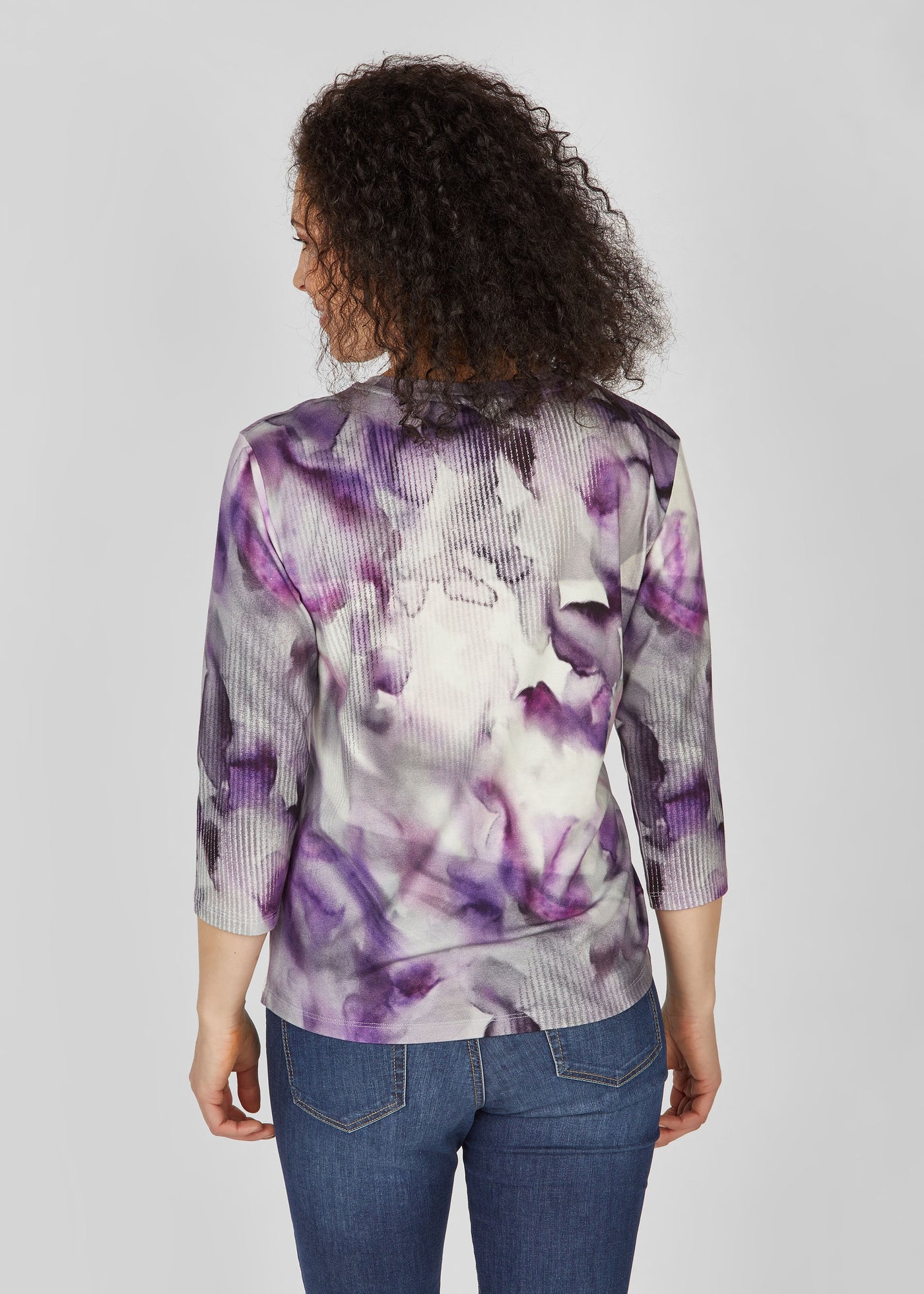 Purple & White Graphic Print Top with Metallic Detailing and 3/4 Sleeve