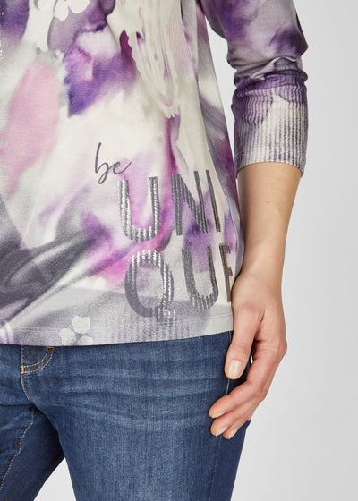 Purple & White Graphic Print Top with Metallic Detailing and 3/4 Sleeve