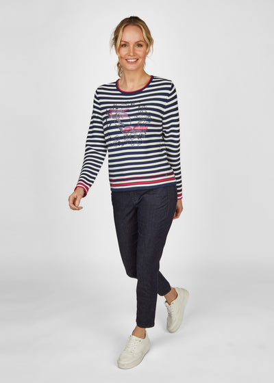 Navy & White Striped Jumper with Pink Trim & Graphic Print