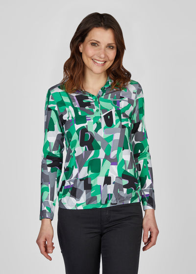 Green, Purple & Grey Abstract Print Long Sleeve Top with Buttons & Collar