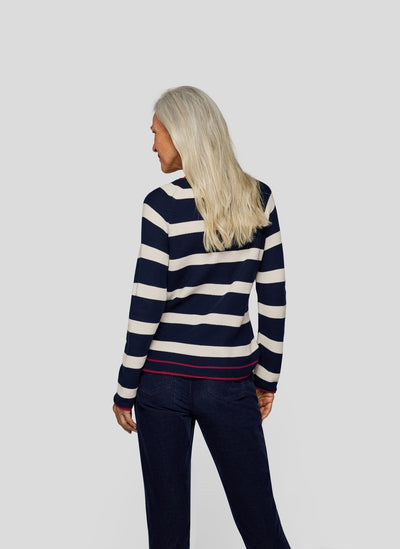 Navy & White Striped Jumper with Purple Trim & Graphic Print