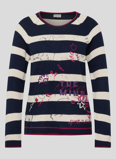 Navy & White Striped Jumper with Purple Trim & Graphic Print