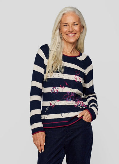 Navy & White Striped Jumper with Purple Trim & Graphic Print