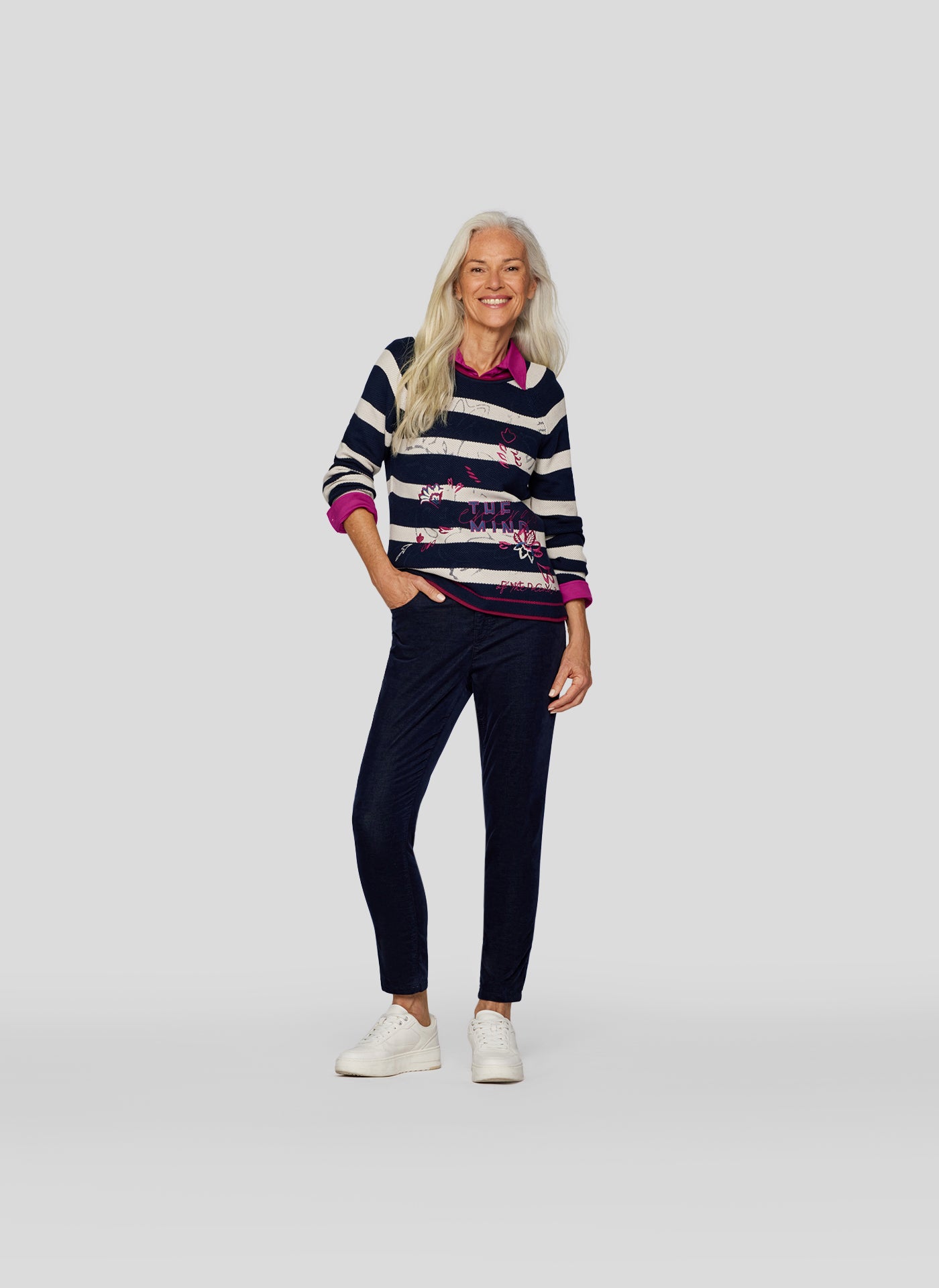 Navy & White Striped Jumper with Purple Trim & Graphic Print