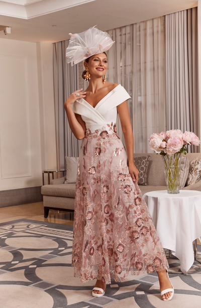 Ivory & Dusty Rose Off The Shoulder Dress with Beaded Flower Detail