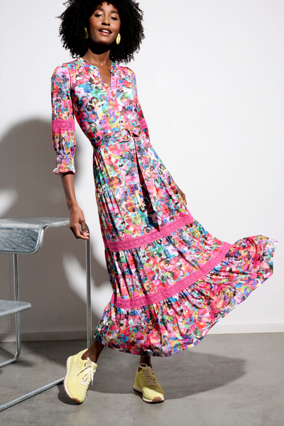 Multicoloured Maxi Dress With Lace Detail & Elasticated Sleeves