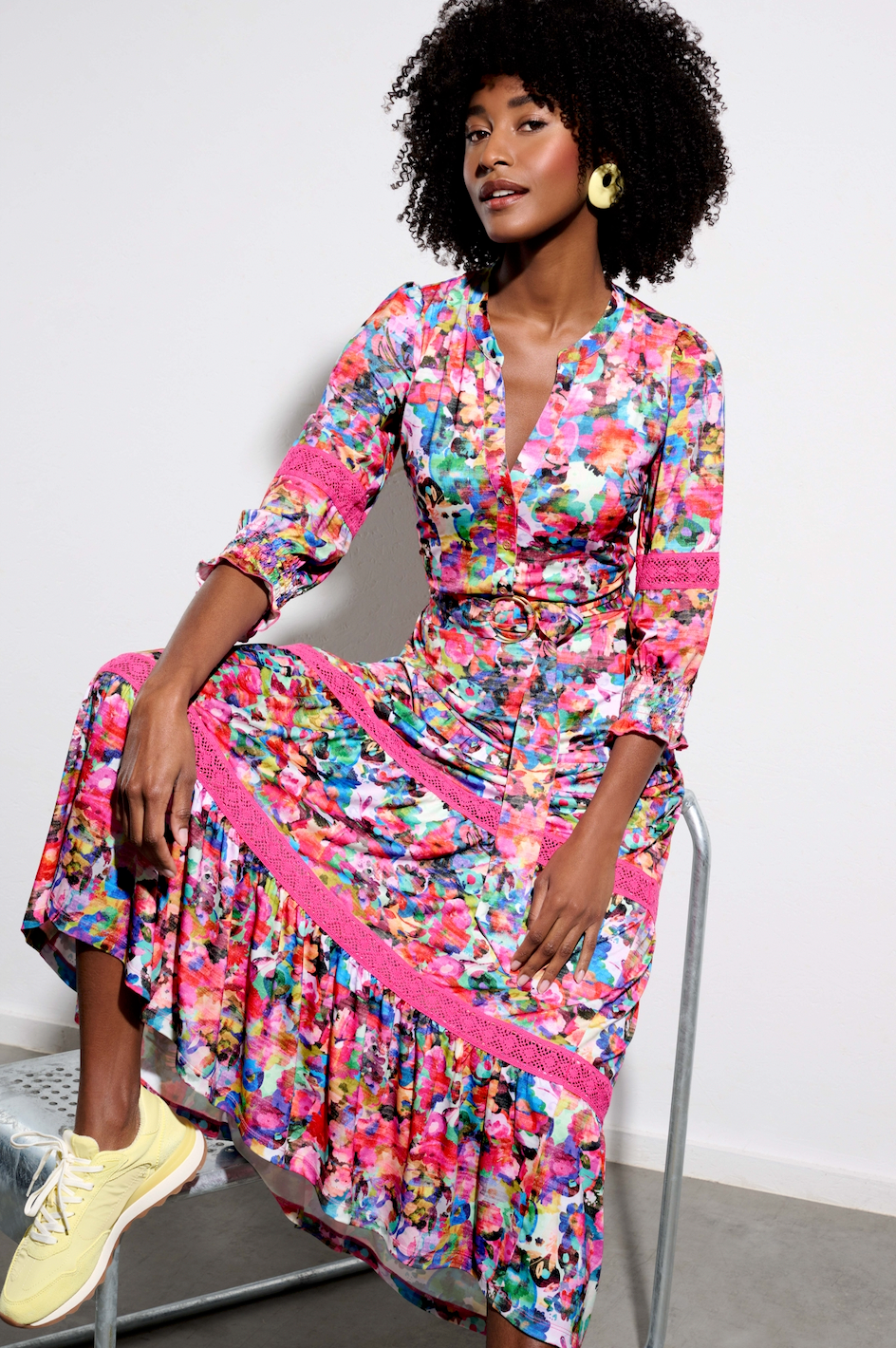 Multicoloured Maxi Dress With Lace Detail & Elasticated Sleeves