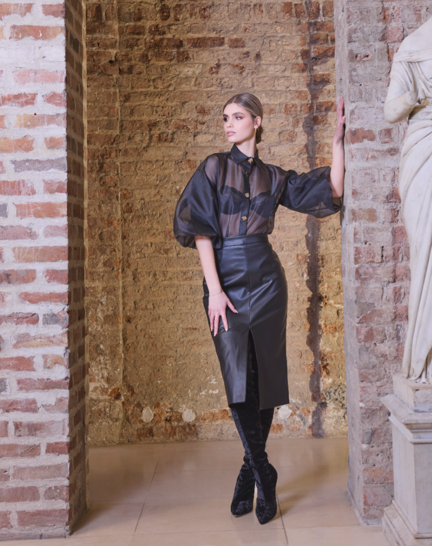 Black Organza Blouse with Bell Sleeve Detail