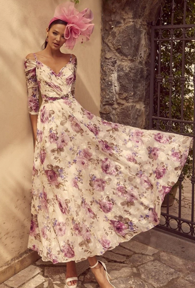 Cream Off the Shoulder Dress With Pink, Beige & Lilac Floral Pattern