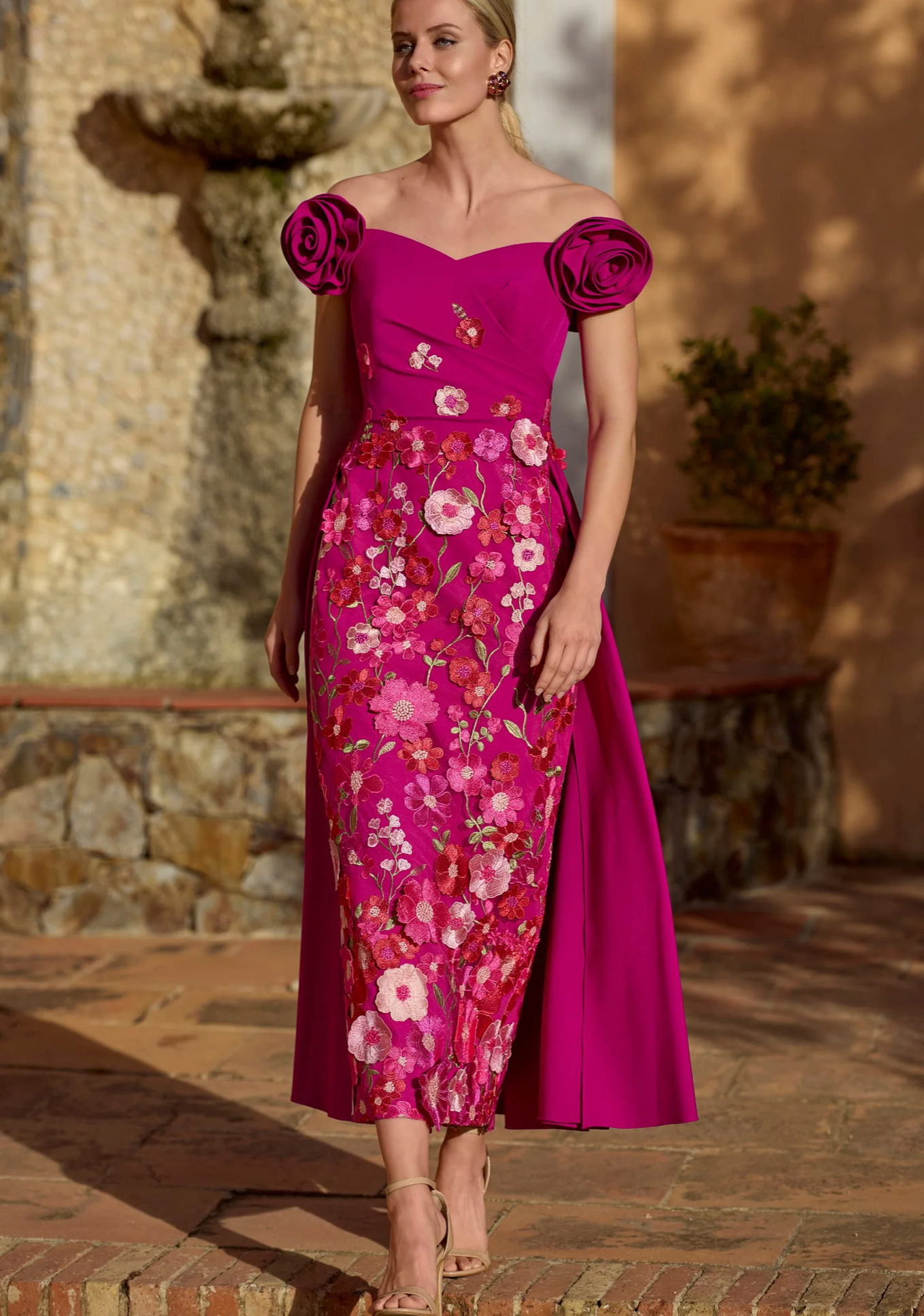 Magenta Dress with Floral & Rose Emblelishments