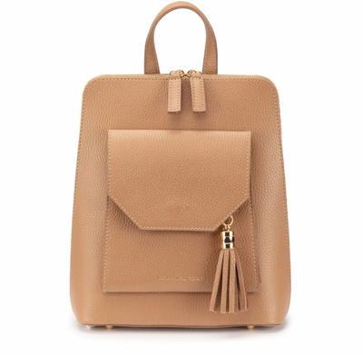 Camel Genuine Leather Bag With Tassle & Gold Zip Detailing