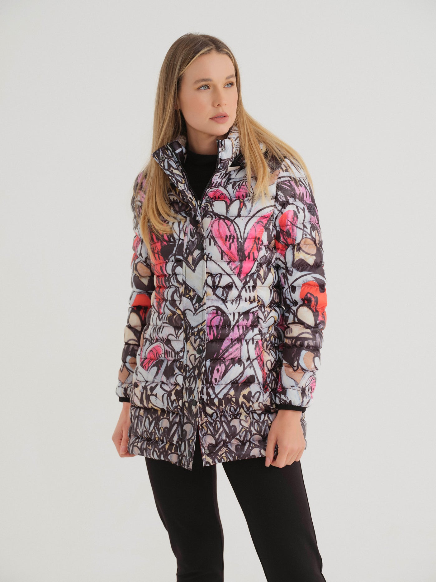 Watermelon Heart Print Quilted Puffer Coat