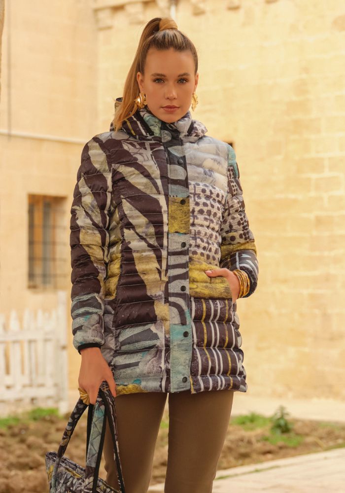 Mono Leaf Print Quilted Puffer Coat