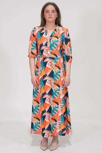 Mollie Printed Dress With Buttons - Orange