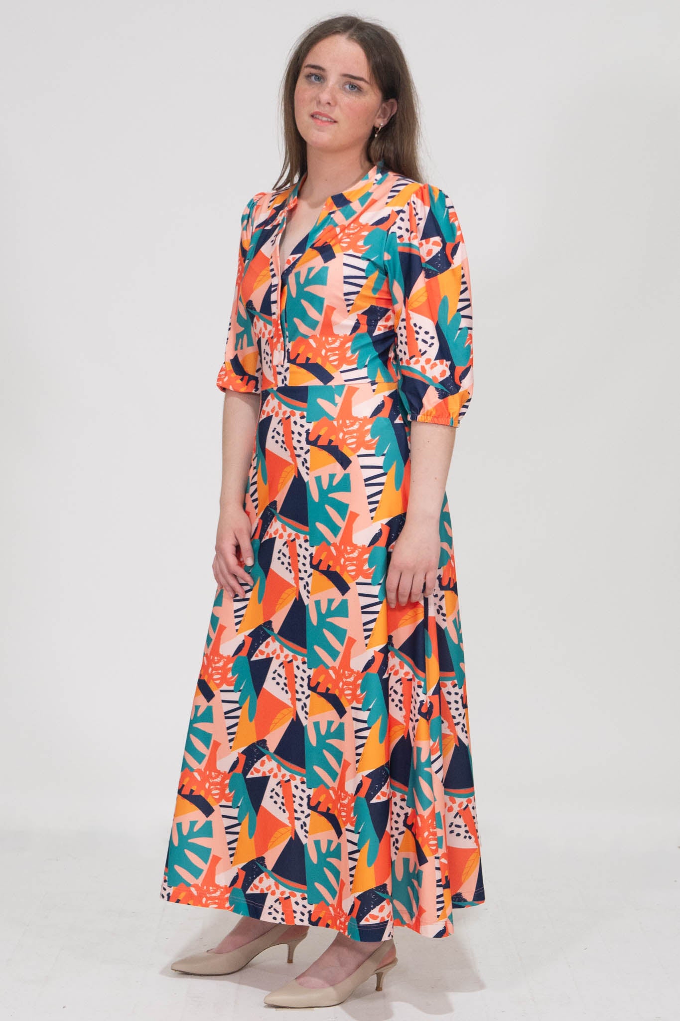 Mollie Printed Dress With Buttons - Orange