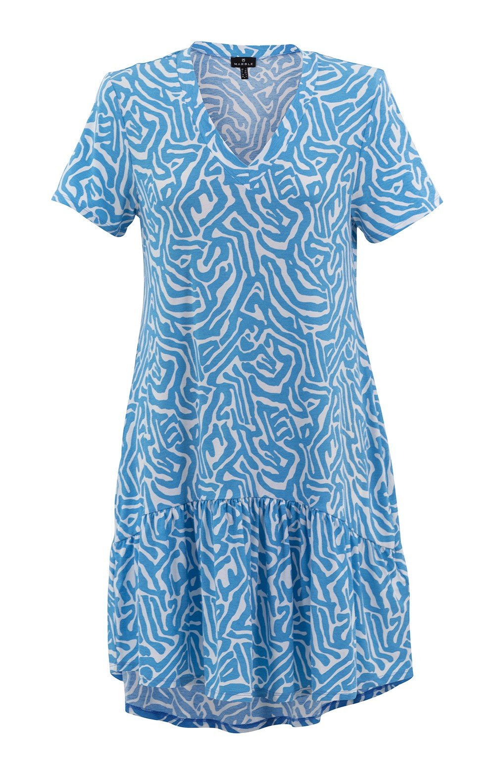 Blue & White Abstract Print V-Neck Midi Dress