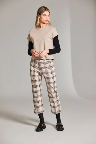 Beige & Black Check Cropped Trousers