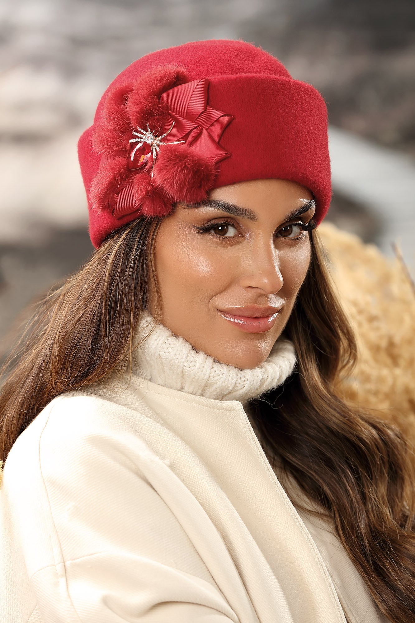 Handmade Pure Wool Red Hat with Feather and Diamante Detail