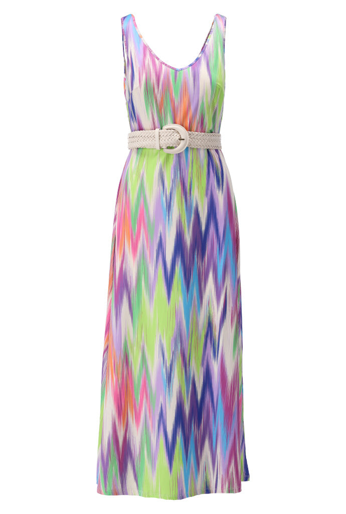 Multicoloured Maxi Dress With Beige Braided Belt