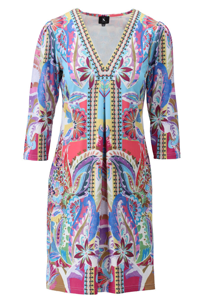 Blue & Pink Multiprint V-Neck Short Dress