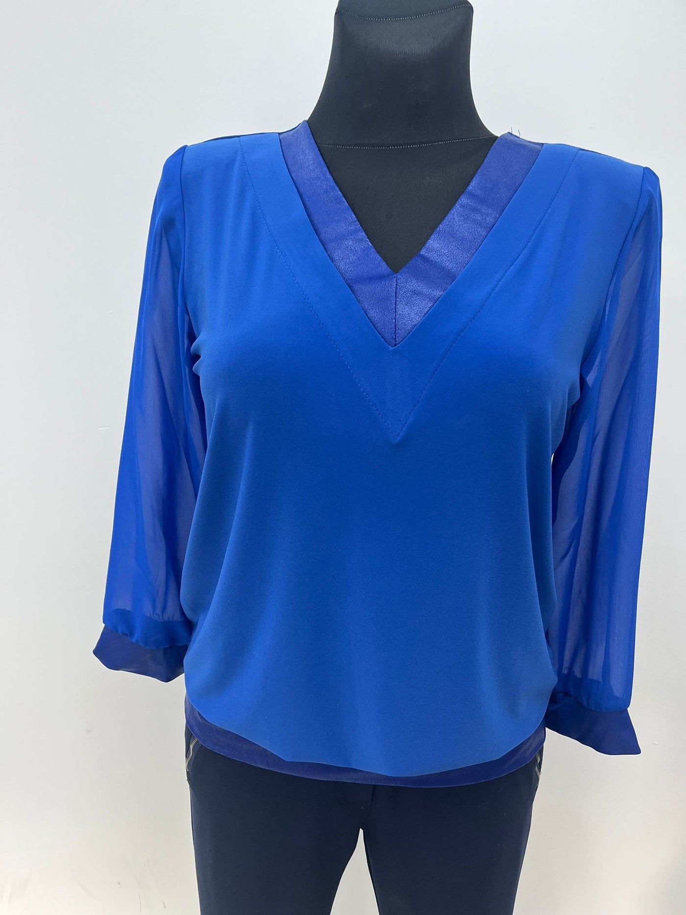 Blue V-Neck Top with Chiffon Sleeves & Faux Leather Trim