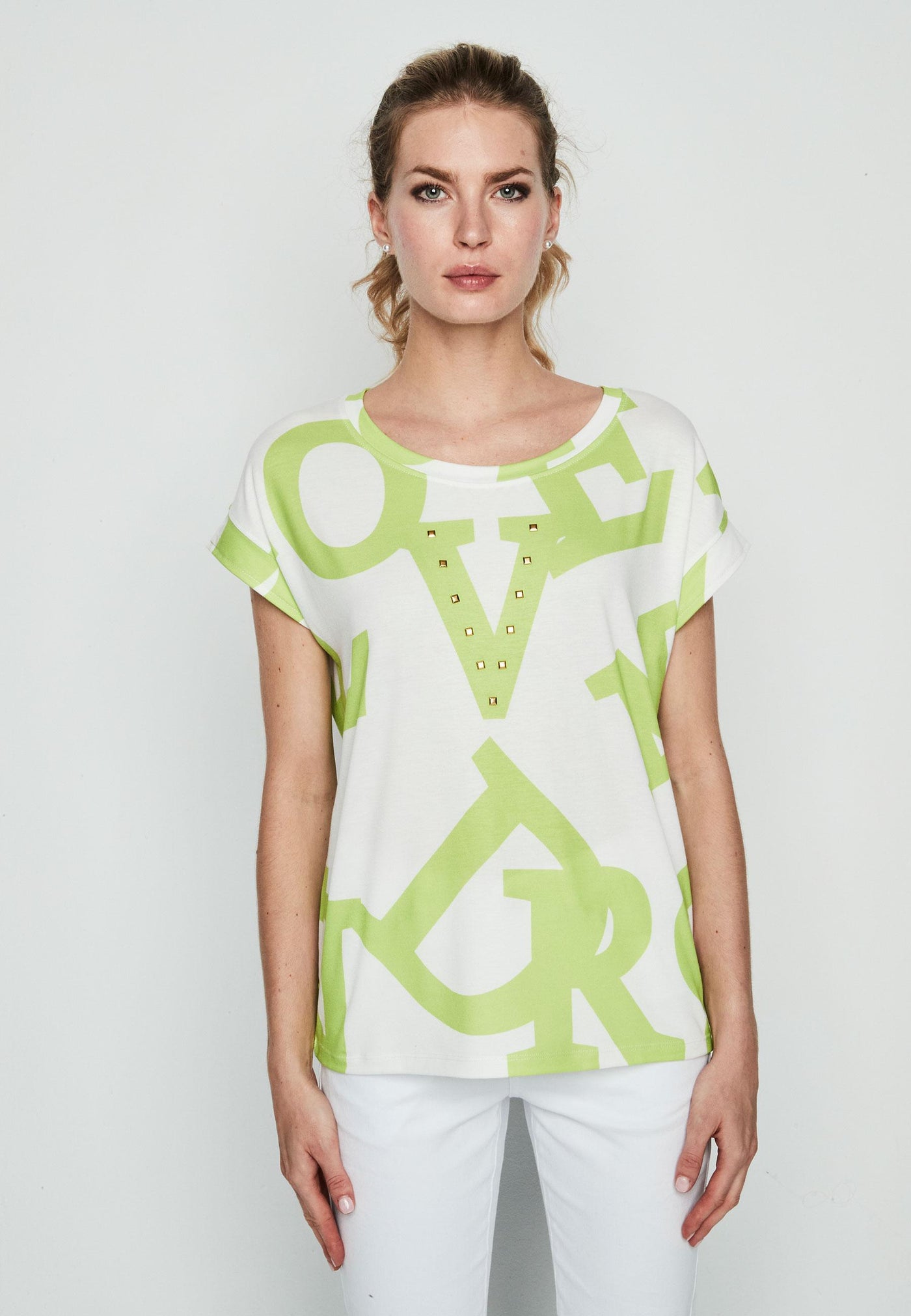 Lime And White Letter T-shirt with Gold Studs