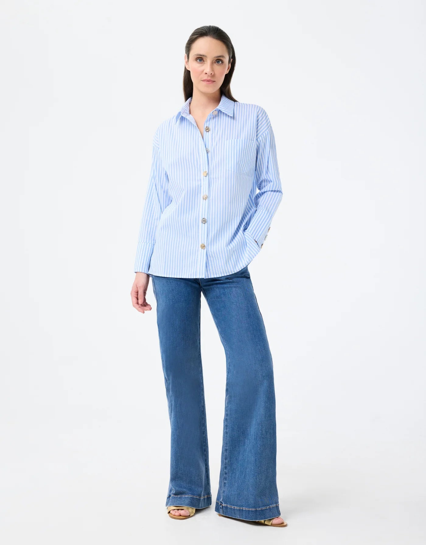 Blue Striped Shirt With Mixed Metal Button Detailing