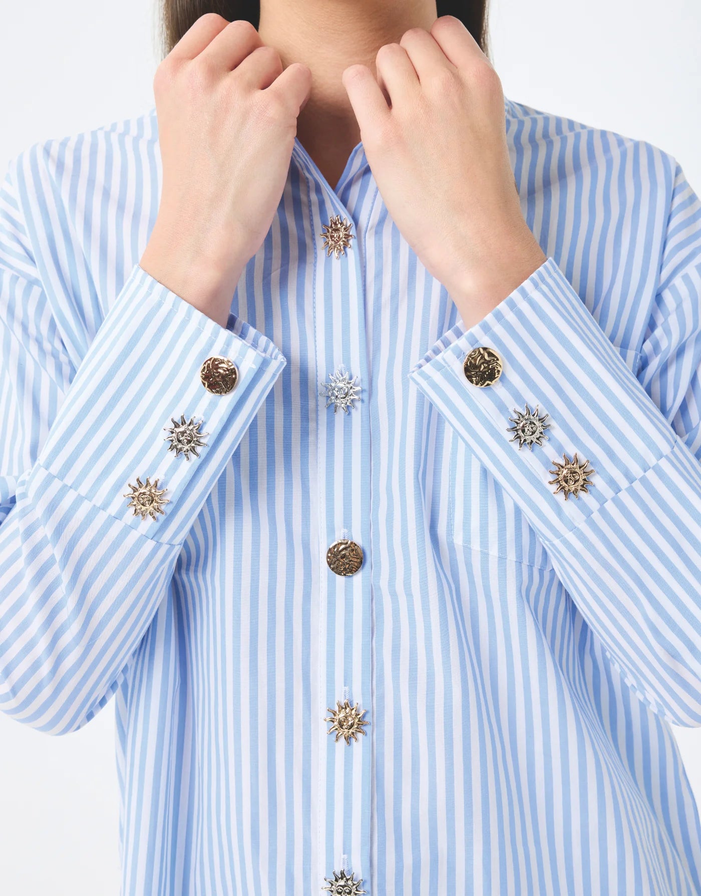 Blue Striped Shirt With Mixed Metal Button Detailing