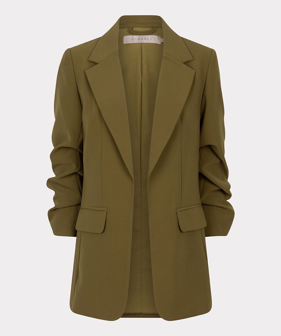 Olive Green Blazer with Rouched Sleeve Detail