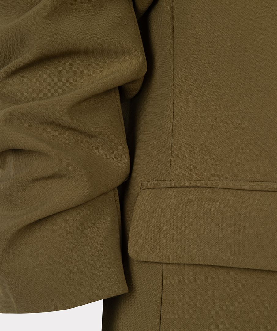 Olive Green Blazer with Rouched Sleeve Detail