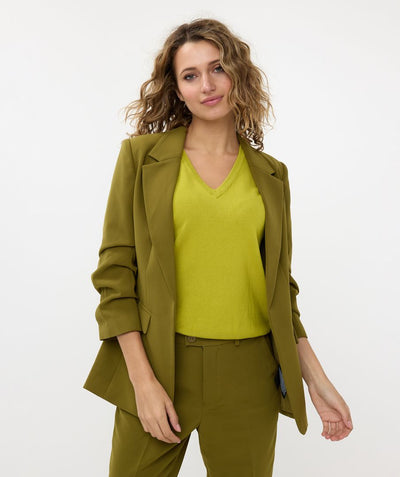 Olive Green Blazer with Rouched Sleeve Detail