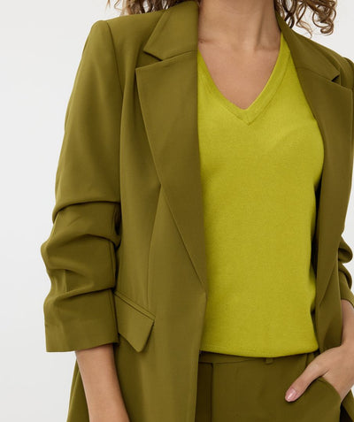 Olive Green Blazer with Rouched Sleeve Detail