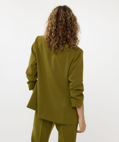 Olive Green Blazer with Rouched Sleeve Detail