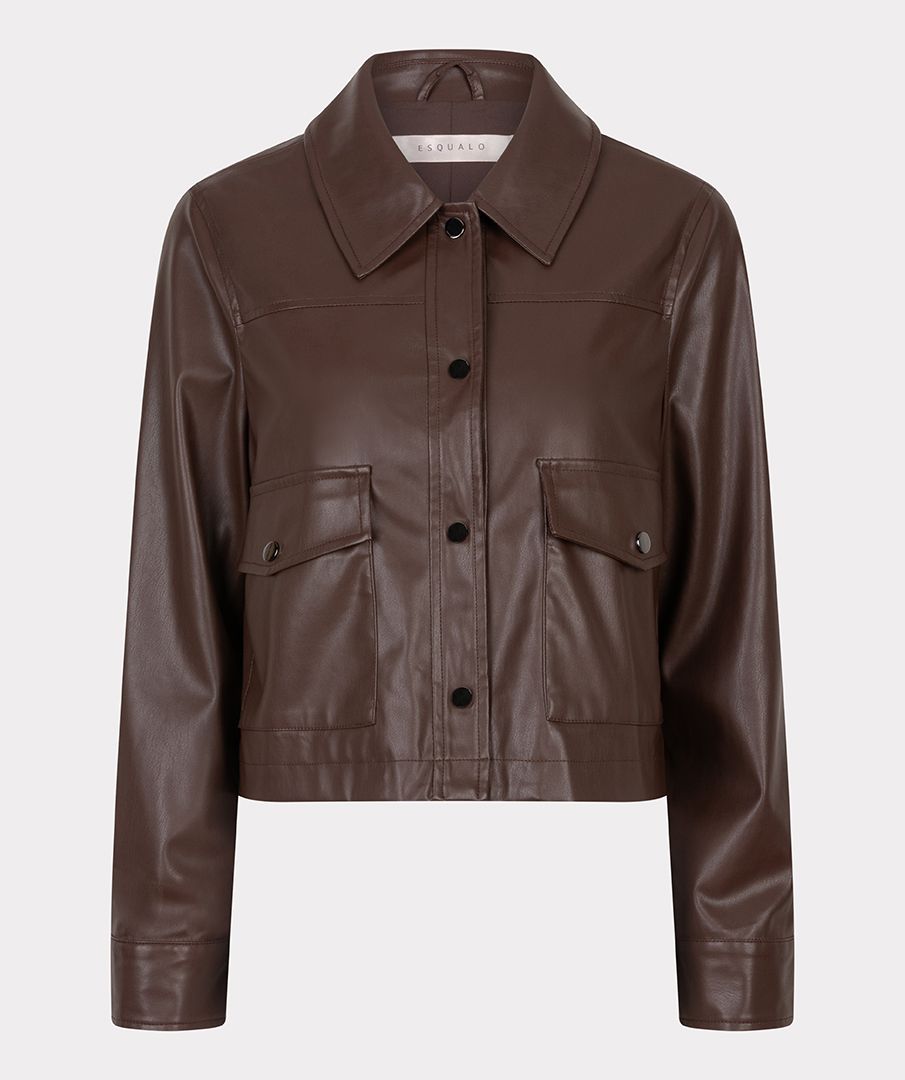 Chocolate Brown Vegan Leather Jacket with Pocket Detail