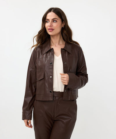 Chocolate Brown Vegan Leather Jacket with Pocket Detail