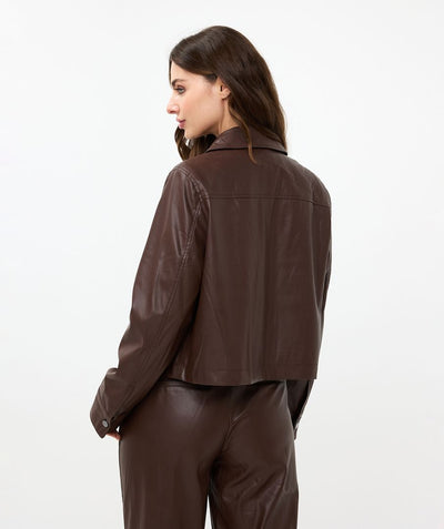 Chocolate Brown Vegan Leather Jacket with Pocket Detail