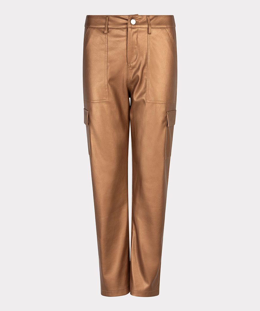 Gold Vegan Leather Cargo Trousers with Pocket Detail